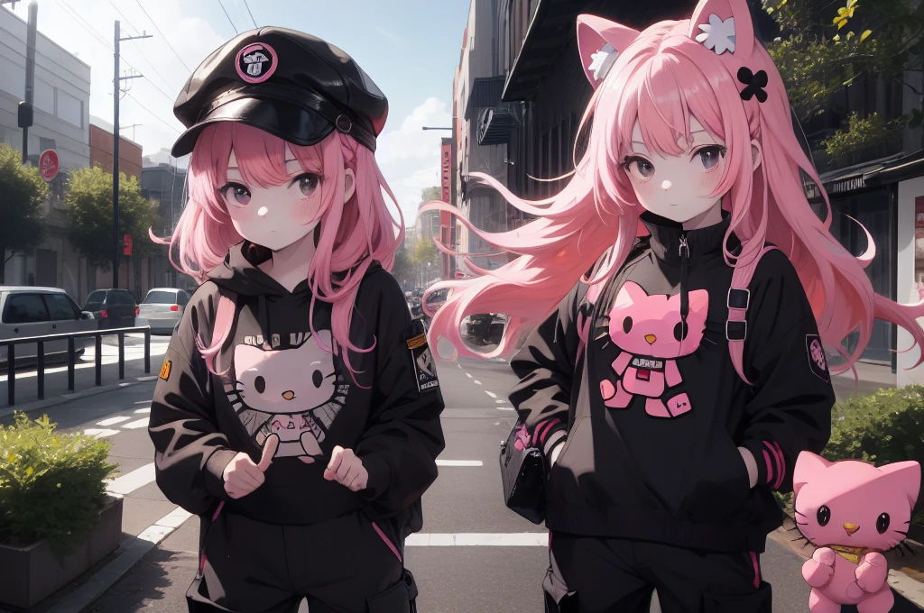 Girl with long pink hair, pale skin, Black eyes, black cap backwards, hello kitty striped shirt and black cargo pants with pink details
