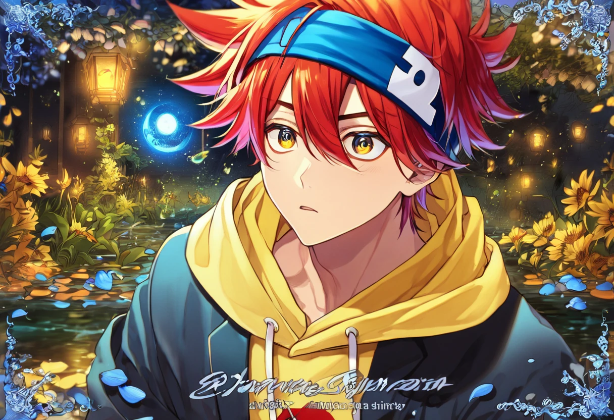 absurdres, highres, ultra detailed, HDR, master piece, Kyan Reki, red hair, expressive amber eyes, yellow hoodie, blue headband, black jacket, SK8 the infinity, sexy man, handsome, best quality, blue moon, flowers, fantasy, magical, solo, water, blue shining fireflies, blue petals, the word "Krozseria" is written on his shirt,