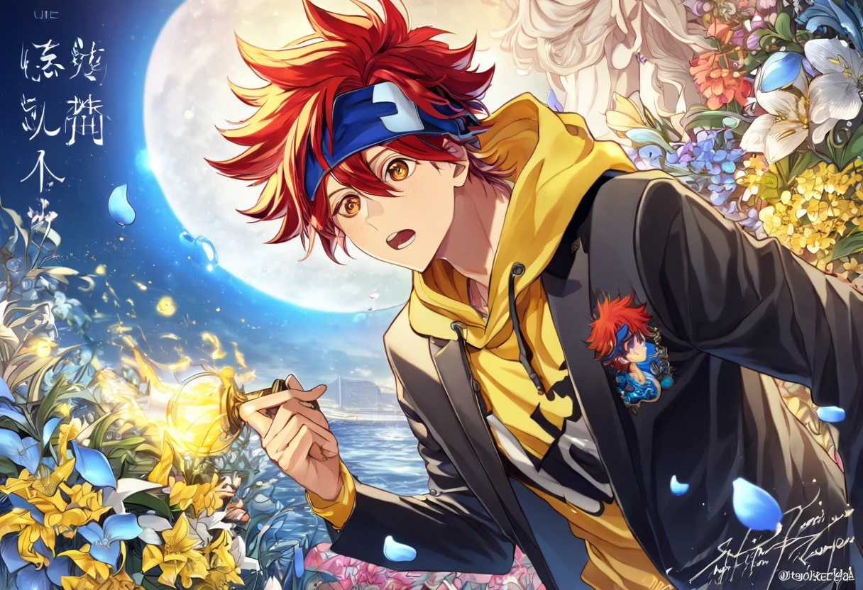 absurdres, highres, ultra detailed, HDR, master piece, Kyan Reki, red hair, expressive amber eyes, yellow hoodie, blue headband, black jacket, SK8 the infinity, sexy man, handsome, best quality, blue moon, flowers, fantasy, magical, solo, water, blue shining fireflies, blue petals, the word "Krozseria" is written on his shirt,