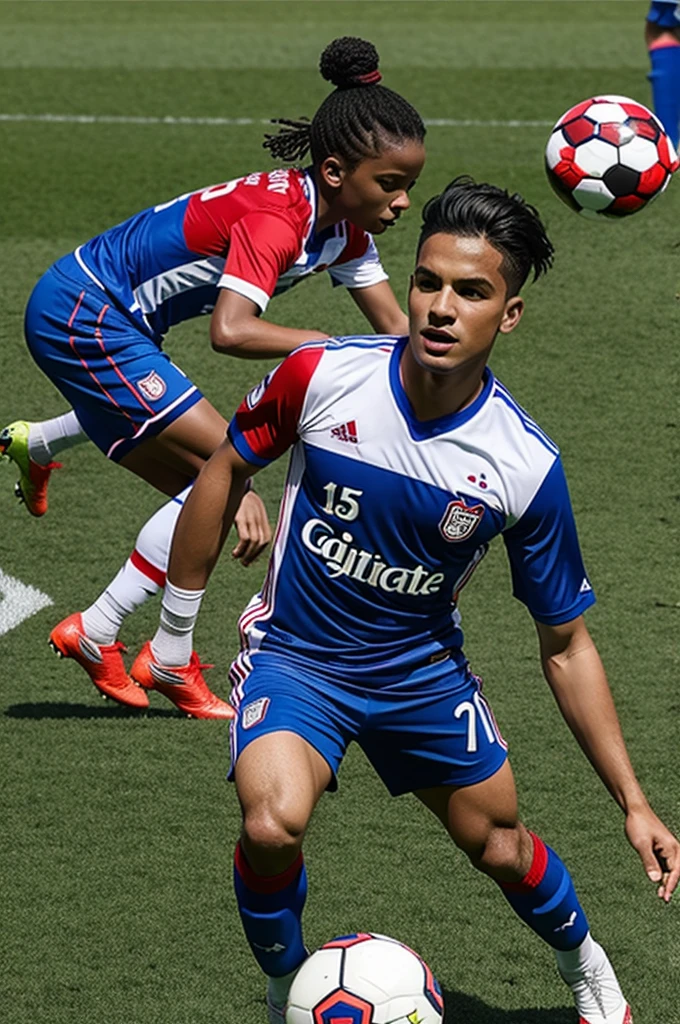 Ace a unique soccer uniform with red blue and white color
