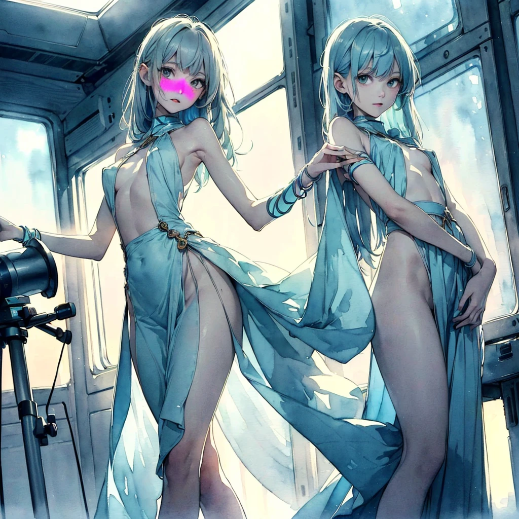 Exquisite slender girl  (with a perfect, very beautiful face and almond-shaped eyes) (with a southern skin tone and soft lips) (costs (at the control panel)) with tender ((bare breasts) (with the little ones (tender nipples))) ((in a long light skirt on a naked body)) ((costs)) ((barefoot)) ((in a spaceship cabin)) ((on another planet)) ((with electronic bracelets on the arm and ankle)) (with musical instruments) ((with exposed small breasts and slender waist)); (cozy spaceship cabin); (old instruments and equipment), (((telescope и оборудование обсерватории))), ((Looks at (telescope))); (((precious jewelry on the chest and wrists and ankles))); ((dawn morning summer gentle golden light)), ((pastel soft warm shades)); (warm (summer) early morning), ((dawn soft warm light)); (draw ((in watercolor style))); ((very beautiful exquisite face)); (high image quality, high detail); ((big alien eyes), skinny); ((delicate mint and blue shades)), (sfumato)