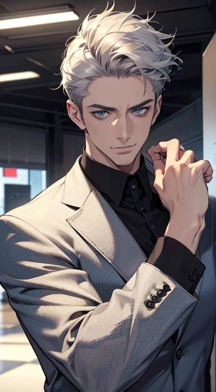 (best quality,4k,8k,highres,masterpiece:1.2),ultra-detailed,(realistic,photorealistic,photo-realistic:1.37),1 man,31 years old,mature man,very handsome,without expression,smile,short grey white hair,blue eyes,penetrating gaze,perfect face without errors,imposing posture,businessman,office background,cinematic lighting,hdr image