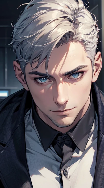 (best quality,4k,8k,highres,masterpiece:1.2),ultra-detailed,(realistic,photorealistic,photo-realistic:1.37),1 man,31 years old,mature man,very handsome,without expression,smile,short grey white hair,blue eyes,penetrating gaze,perfect face without errors,imposing posture,businessman,office background,cinematic lighting,hdr image