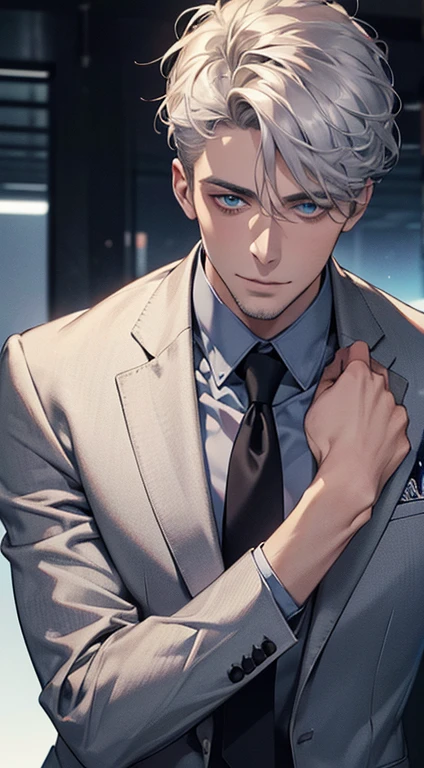 (best quality,4k,8k,highres,masterpiece:1.2),ultra-detailed,(realistic,photorealistic,photo-realistic:1.37),1 man,31 years old,mature man,very handsome,without expression,smile,short grey white hair,blue eyes,penetrating gaze,perfect face without errors,imposing posture,businessman,office background,cinematic lighting,hdr image