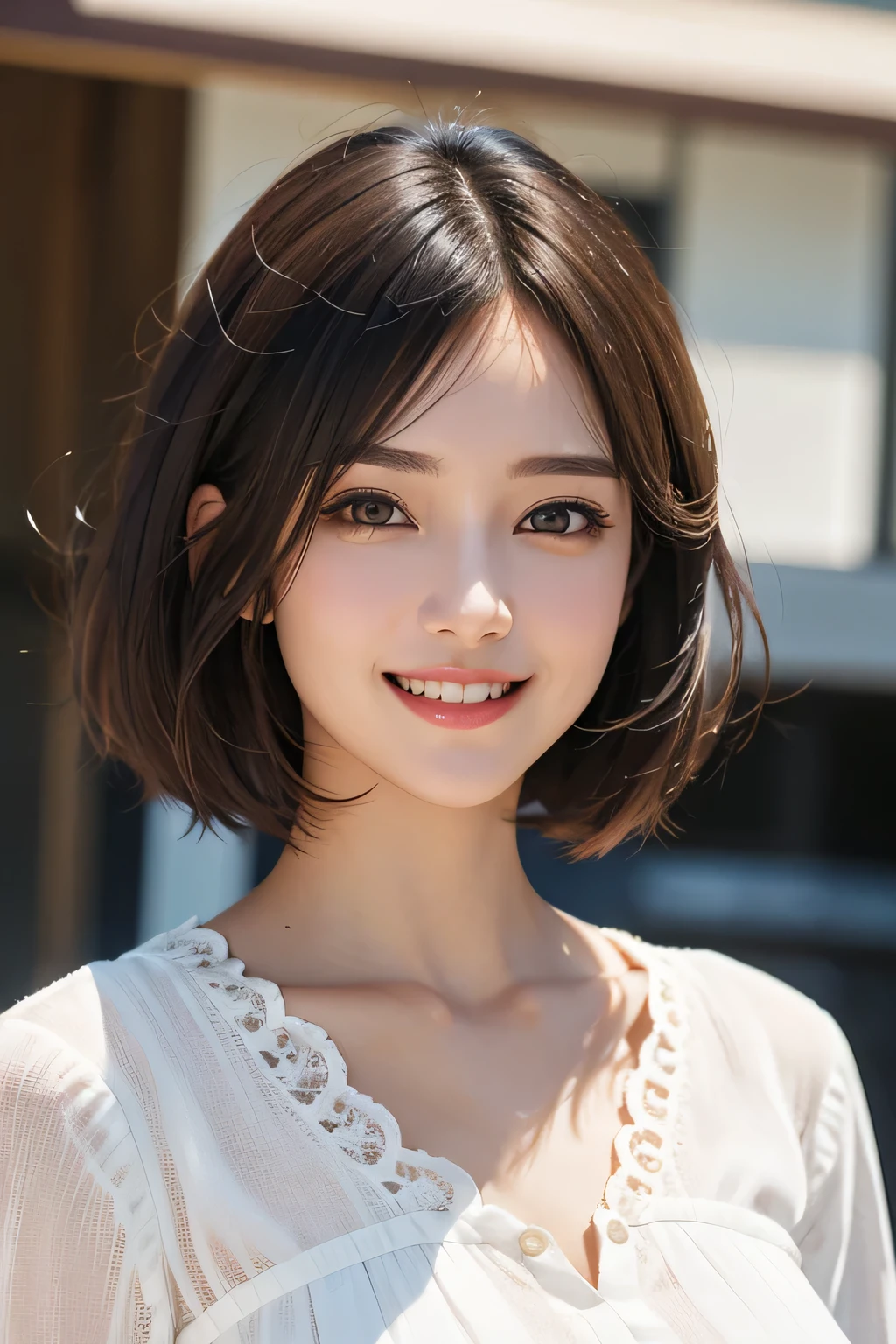 ((masterpiece)), ((Highest quality)), ((Complex)), ((Surreal)), (Realistic), (Mature Woman), ((No classes)), Very detailed, (1 female), Beautiful and exquisite, (Beautiful Teeth), Grin, Brunette Bob Hair, Brown eyes, ((blouse)), (Upper Body), (background:none), Perfect Eyes, Captivating eyes, Looking at the audience