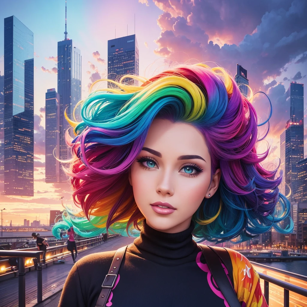 a woman with colorful hair and a city skyline in the background, beautiful art uhd 4 k, art of alessandro pautasso, colorful art, vibrant digital painting, colorful digital painting, vibrant realistic colors, beautiful gorgeous digital art, colorful illustration, colorful digital art, colorfull illustration, gorgeous digital art, colorfull digital fantasy art, beautiful digital artwork