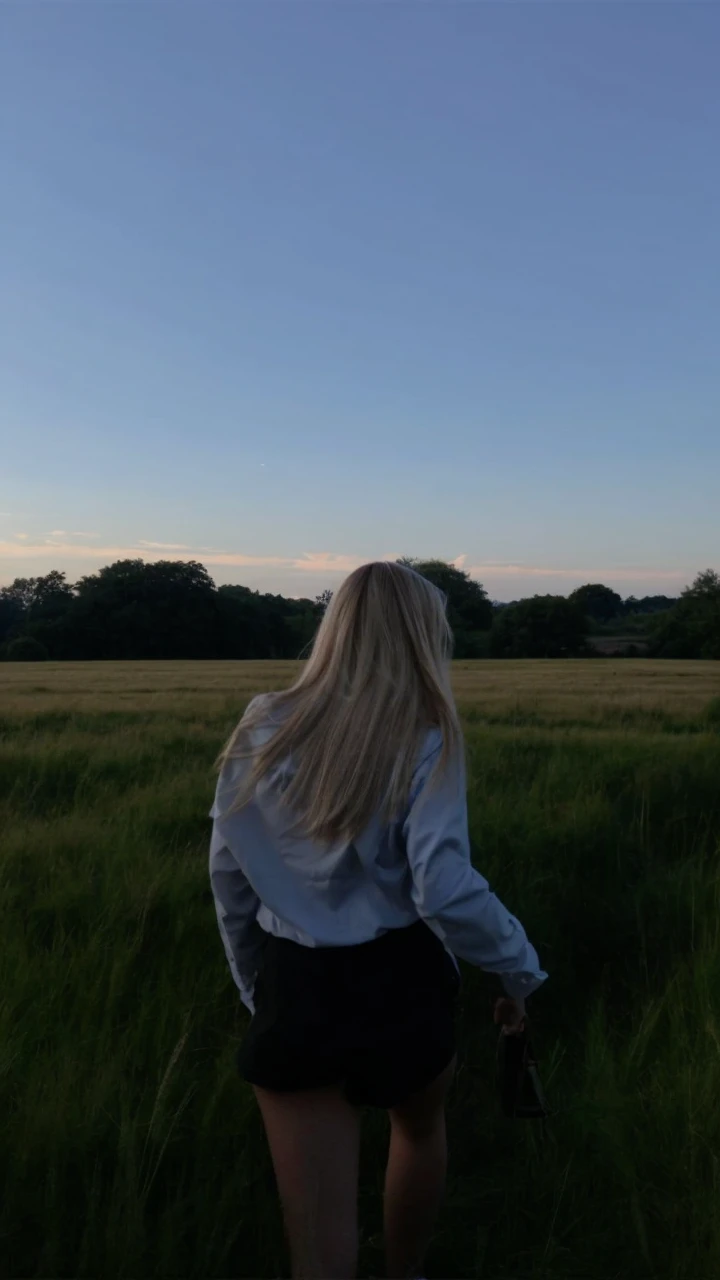 Natural landscape green grasses blonde  girl on her back soft silky hair long darkening sky mountains behind and good quality