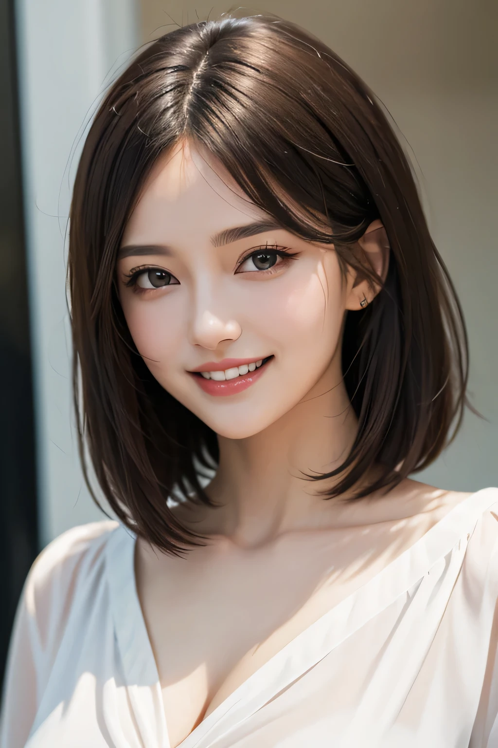 ((masterpiece)), ((Highest quality)), ((Complex)), ((Surreal)), (Realistic), (Mature Woman), ((No classes)), Very detailed, (1 female), Beautiful and exquisite, (Beautiful Teeth), Grin, Brunette Bob Hair, Brown eyes, ((blouse)), (Upper Body), (background:none), Perfect Eyes, Captivating eyes, Looking at the audience
