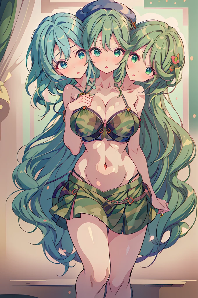 (masterpiece, best quality), best quality, best resolution, (ultra-detailed), (3heads:1.5), 1girl, (yamashiro takane:1.3), masterpiece, best quality, ultra quality, ultra resolution, green top, crop top, ((stomach)), midriff, ((groin)), green skirt, miniskirt, normal ears, shackles, green hair, very long hair, wavy hair, sidelocks, blue eyes, parted lips, single horn, sweat, cute, toned belly, hand on own chest, eyelashes, (24 year old woman:1.3), (masterpiece:1.5), (best quality:1.5), (beautiful detailed), extremely detailed CG, extremely delicate and beautiful, depth of field, (finely detailed face), (perfect details:1.2), (mature female:1.3), wide pelvis, slender, large veiny breast, 16k resolution, highres, high quality, high definition, extremely detailed, masterpiece, green hair, long hair, alluring presence, twin braid, short skirt, close up, very big tits, huge tits, young, green headwear, hat, camouflage, girl with three heads, three headed girl,