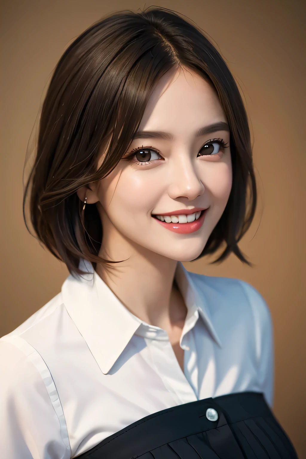 ((masterpiece)), ((Highest quality)), ((Complex)), ((Surreal)), (Realistic), (Mature Woman), ((No classes)), Very detailed, (1 female), Beautiful and exquisite, (Beautiful Teeth), Grin, Brunette Bob Hair, Brown eyes, ((blouse)), (Upper Body), (background:none), Perfect Eyes, Captivating eyes, Looking at the audience