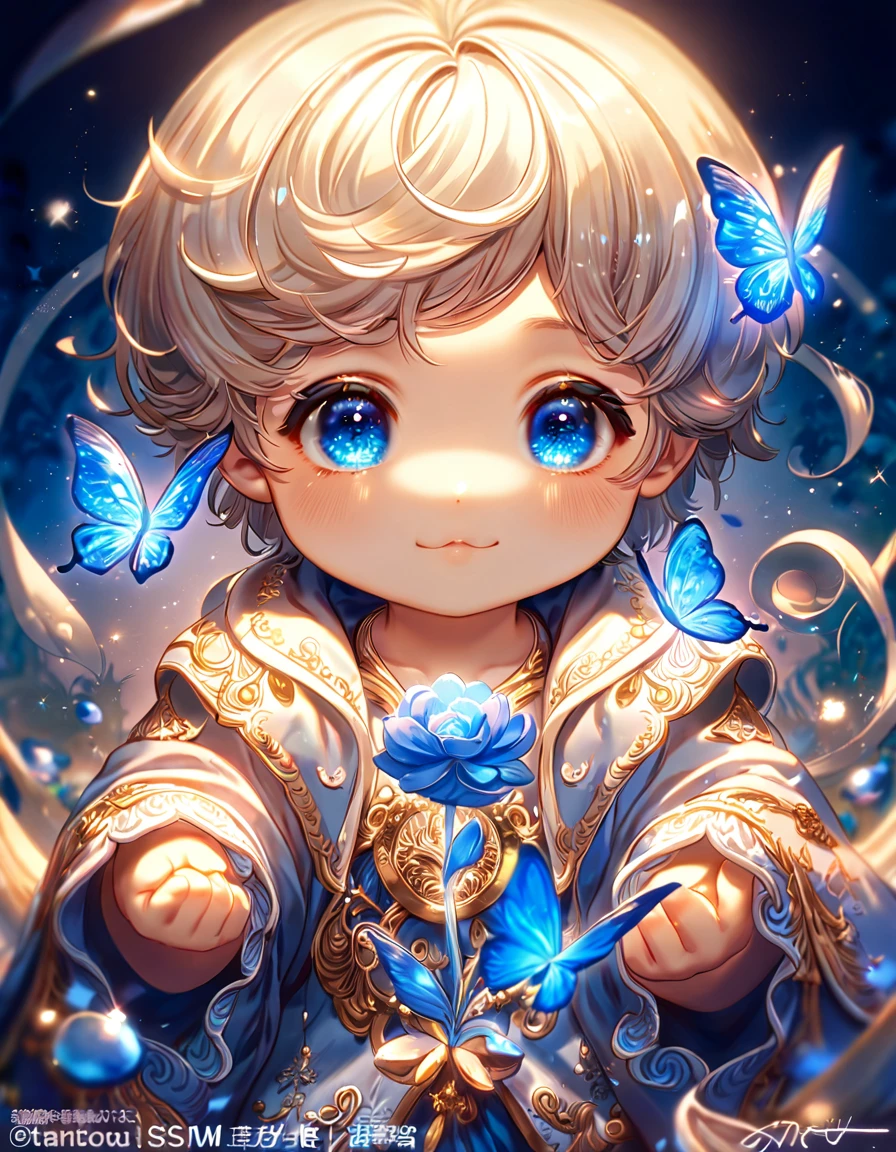 absurdres, highres, ultra detailed, HDR, master piece, best quality, extremely detailed, cute blue mushroom with face, cute, small, solo, magical, fantasy, magic, blue forest, glittering, blue butterflies, blue petals, blue flowers