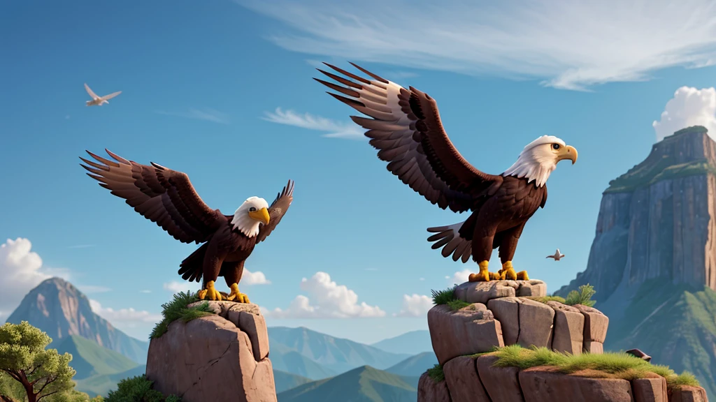 A young eagle at the base of a mountain, then climbing to the top facing storms, and finally spreading your wings and flying high in the sky.