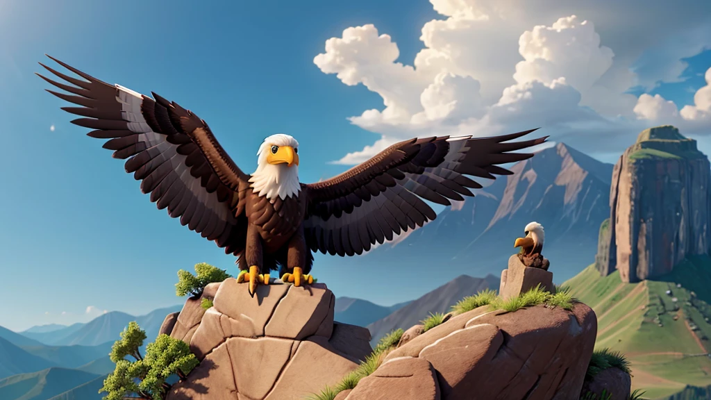 A young eagle at the base of a mountain, then climbing to the top facing storms, and finally spreading your wings and flying high in the sky.

