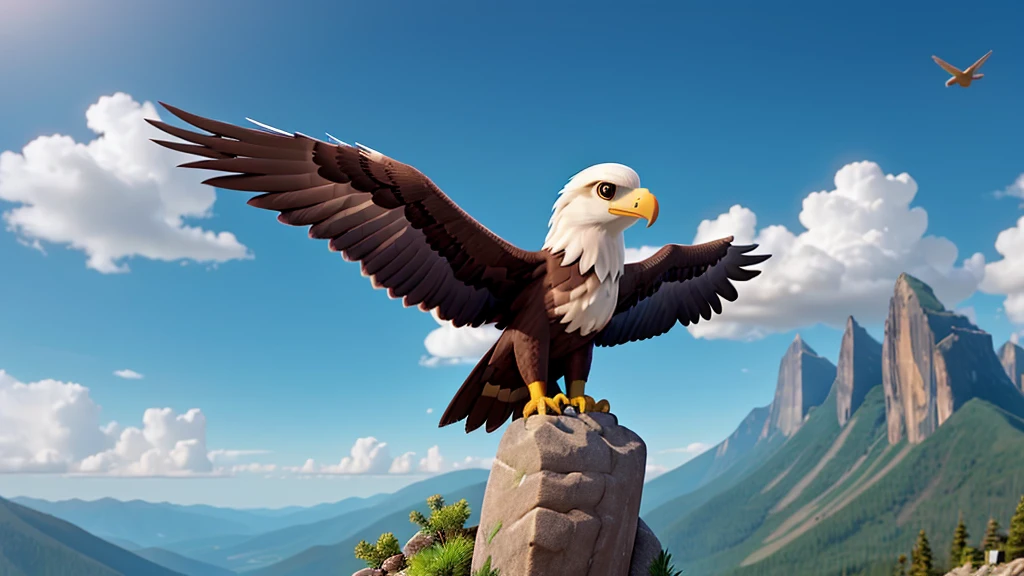 A young eagle at the base of a mountain, then climbing to the top facing storms, and finally spreading your wings and flying high in the sky.
