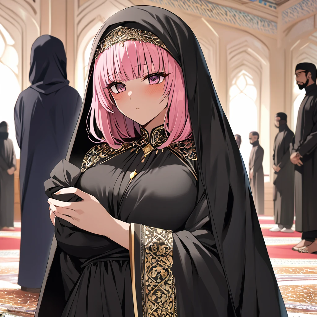 ((Highest quality)), ((masterpiece)), (detailed), (Perfect Face)、Women must wear black hijabs and niqabs、The woman is Momo Beria Deviluke, a devout Muslim., Arab with bright brown skin, In an Islamic prayer hall、She wears a gorgeous black abaya with gold embroidery.。, A gorgeous black hijab and niqab tightly covers her head, Gorgeous hair ornament, Gorgeous jewellery and engagement rings. The woman and the man are in a luxurious palace, And the woman、Wearing Arab national dress、In an Islamic prayer hall with a dignified bearded middle-aged Arab Muslim man。.、The woman is the elegant Momo Belia Deviluke., Pink hair short bob, Black abaya and、She is wearing a gorgeous, skin-tight black hijab and niqab.. She is a devout Muslim Arab with vibrant brown skin.。.、(The woman was named Momo Belia Deviluke.、He is a dark-skinned Arab and a devout Muslim.)