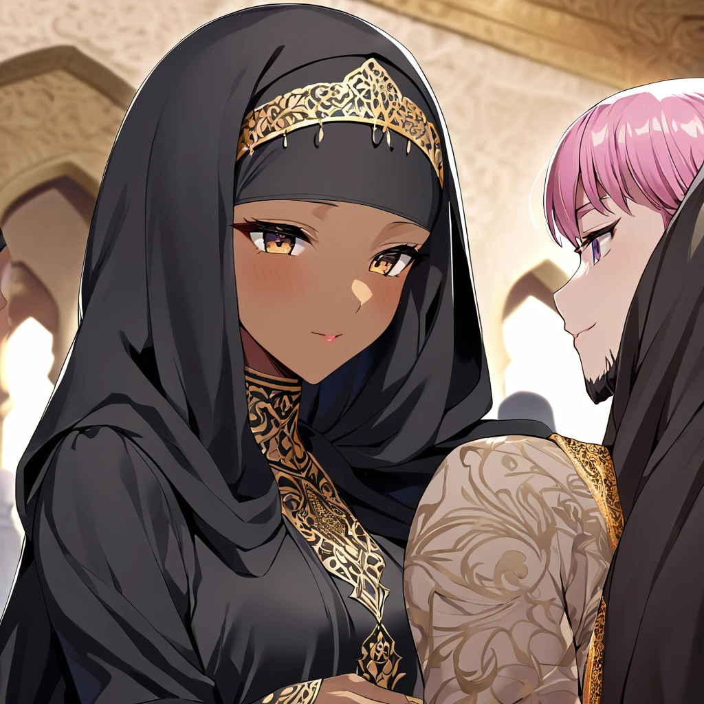 ((Highest quality)), ((masterpiece)), (detailed), （Perfect Face）、Women must wear black hijabs and niqabs、The woman is Momo Beria Deviluke, a devout Muslim., Arab with bright brown skin, In an Islamic prayer hall、She wears a gorgeous black abaya with gold embroidery.。, A gorgeous black hijab and niqab tightly covers her head, Gorgeous hair ornament, Gorgeous jewellery and engagement rings. The woman and the man are in a luxurious palace, And the woman、Wearing Arab national dress、In an Islamic prayer hall with a dignified bearded middle-aged Arab Muslim man。.、The woman is the elegant Momo Belia Deviluke., Pink hair short bob, Black abaya and、She is wearing a gorgeous, skin-tight black hijab and niqab.. She is a devout Muslim Arab with vibrant brown skin.。.、（The woman was named Momo Belia Deviluke.、He is a dark-skinned Arab and a devout Muslim.）