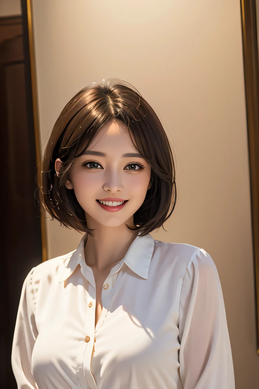 ((masterpiece)), ((Highest quality)), ((Complex)), ((Surreal)), (Realistic), (Mature Woman), ((No classes)), Very detailed, (1 female), Beautiful and exquisite, (Beautiful Teeth), Grin, Brunette Bob Hair, Brown eyes, ((blouse)), (Upper Body), (background:none), Perfect Eyes, Captivating eyes, Looking at the audience