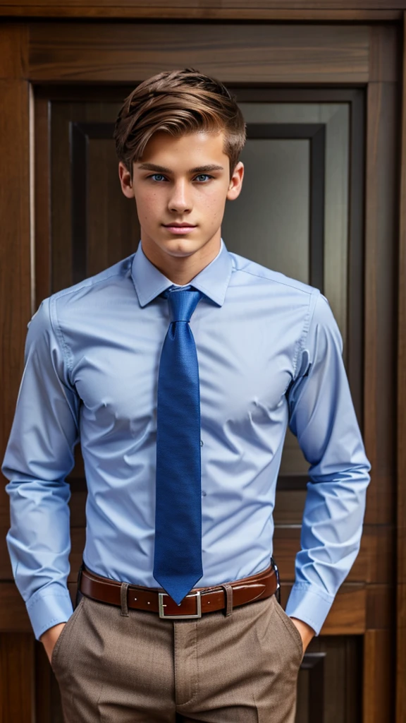 19 year old male wearing tie and lomg sleveed button up with belt and tucked in
4K HIGH REZ 

Physical Description: Brown colored hair and skinny build. 5"5 and 150 LB. Blue eyes. 

.