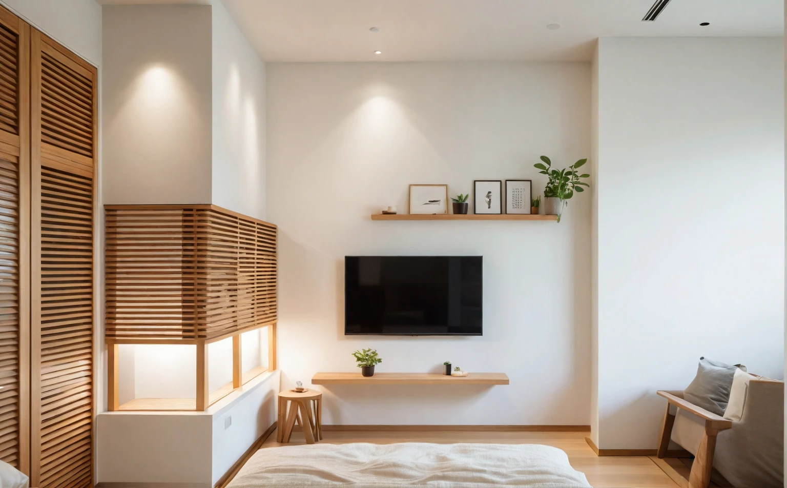 A serene Muji-style bed room bathed in warm light from recessed downlights. Crisp white walls and natural wood accents create a tranquil ambiance. A flat-screen TV hangs above a minimalist shelf. A low-profile bed with [mention the specific colors of the bed linens] rests near a geometric wall decor. Natural light filters through a window with wooden blinds. Wooden armchairs with white cushions invite relaxation near a warm floor lamp. A potted plant and framed artwork add personal touches. ((8k)), high quality detail, minimalist design, neutral color palette, natural materials, clean lines, serene and functional, modern Japanese aesthetic, low-profile bed, geometric wall decor, floating shelf, wall-mounted TV, recessed ceiling, LED strip lighting, wooden blinds, wooden furniture, potted plant, framed artwork.