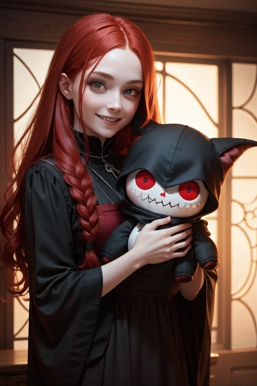 A red-haired witch with a dark and scary smile holding a cute but demonic doll