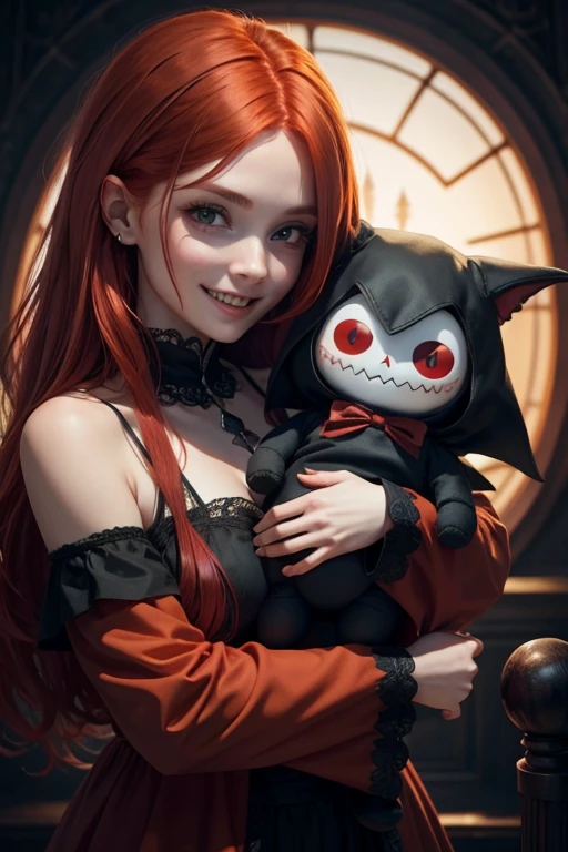 A red-haired witch with a dark and scary smile holding a cute but demonic doll