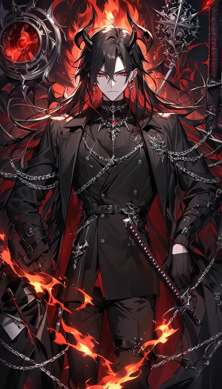 alone, good looking, 1 male, Long hair, Middle parted, Black hair, Red eyes, Black shirt, White Thailand, Black Trench Coat, Royal Silver Jewellery, Royal Demon Earrings, Black horns, Demon Crown, Demonic Katana, Chain, On Back, Demonic Black flames Aura, vtuber Character Design sheet