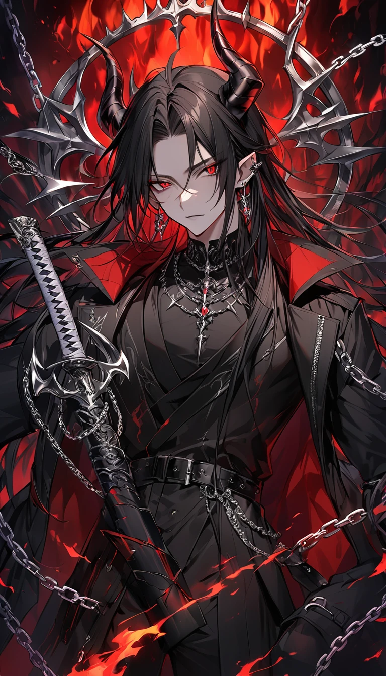 alone, good looking, 1 male, Long hair, Middle parted, Black hair, Red eyes, Black shirt, White Thailand, Black Trench Coat, Royal Silver Jewellery, Royal Demon Earrings, Black horns, Demon Crown, Demonic Katana, Chain, On Back, Demonic Black flames Aura, vtuber Character Design sheet