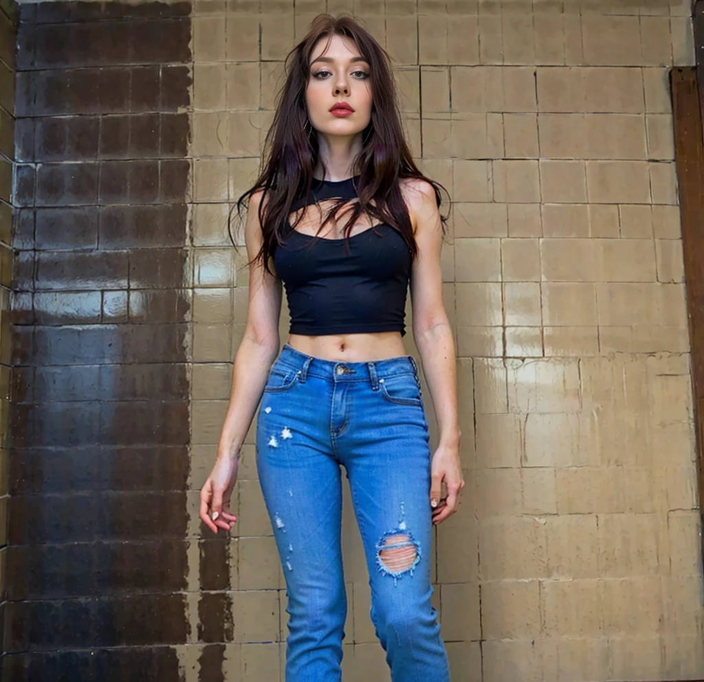 misa, realistic portrait of a beautiful young woman with long brown hair and striking blue eyes, looking directly at the camera with a soft expression, standing in a room with white walls, wearing a black t-shirt and blue jeans pants, natural lighting, highly detailed, photorealistic, 8k, (best quality, ultra-detailed, masterpiece:1.2), (realistic:1.37), cinematic lighting, warm color tones, elegant, captivating