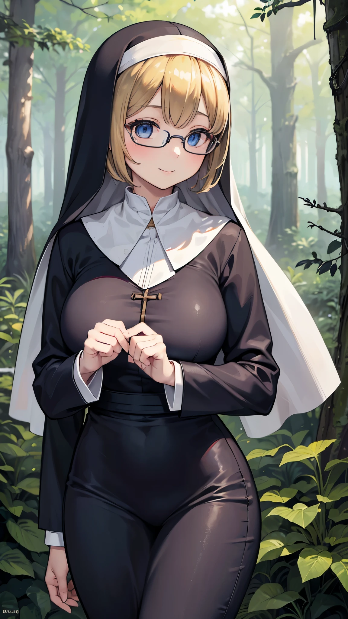 (masterpiece:1.3, Highest quality, 超High resolution, Very detailed), (Realistic:1.1, photoRealistic:1.4), Beautiful illustrations, Perfect lighting,Written boundary depth, Beautiful detailsまでこだわった髪, Beautifully detailed face, Beautiful details, Beautiful clavicle, Beautiful body, Beautiful and juicy breasts, Beautiful thighs, Beautiful feet, View your viewers, 1 Girl,Perfect Face, (Perfect Anatomy, Anatomically correct), Cute and symmetrical face、Baby Face、((Shiny Hair)),(美しいin the forest),(in the forest、Blurred distant church),(かわいいsmile, smile)、Sexy Body、(masterpiece),(Highest quality：1.3),8K,Very clear,(Ultra-realistic), One Girl,Wide Shot,((Large Breasts)),Wide Hips,Beautiful feet, Captivating woman、(masterpiece、Highest quality、Very detailedな)、((1 Girl))、((Blonde short))、blue eyes、((とてもLarge Breasts))、(((round、Glasses)))、(Highest quality,4K,8K,High resolution,masterpiece:1.2),Very detailedな,(Actual,Realisticに,Realisticに:1.37), 超High resolutionの顔、1 Girl、Portraiture, Realistic, (((nun))),