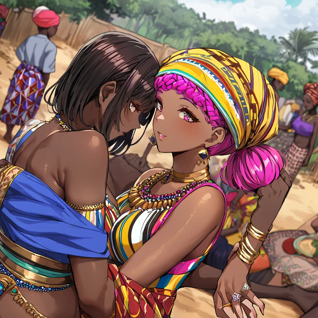 ((Highest quality)), ((masterpiece)), (detailed), （Perfect Face）、The woman is Momo Belia Deviluke, a Ghanaian by birth, with a vibrant dark skin, black by birth, and is wearing a vibrant Ghanaian dress, a vibrant turban head scarf, gorgeous jeweled accessories, and an engagement ring.、The woman was the elegant Momo Belia Deviluke, with pink afro short bob hair tied up in Ghana braids, wearing a colorful Ghanaian dress and a colorful turban head scarf, with vibrant dark brown skin, a natural-born black and Ghanaian, Momo Belia Deviluke.、（The woman is a black Ghanaian with vivid dark brown skin.）、The woman is raising children and doing village work with other village girls in her village in Ghana.