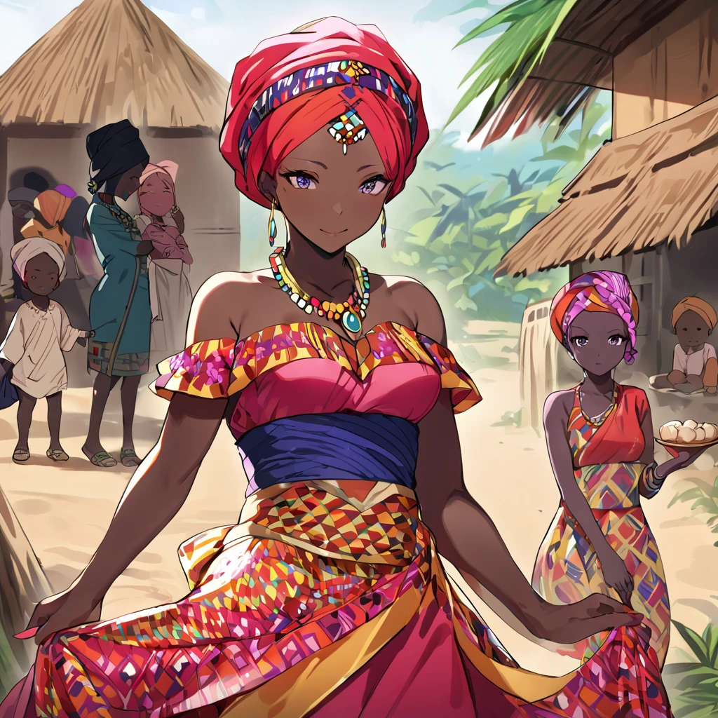 ((Highest quality)), ((masterpiece)), (detailed), (Perfect Face)、The woman is Momo Belia Deviluke, a Ghanaian by birth, with a vibrant dark skin, black by birth, and is wearing a vibrant Ghanaian dress, a vibrant turban head scarf, gorgeous jeweled accessories, and an engagement ring.、The woman was the elegant Momo Belia Deviluke, with pink afro short bob hair tied up in Ghana braids, wearing a colorful Ghanaian dress and a colorful turban head scarf, with vibrant dark brown skin, a natural-born black and Ghanaian, Momo Belia Deviluke.、(The woman is a black Ghanaian with vivid dark brown skin.)、The woman is raising children and doing village work with other village girls in her village in Ghana.