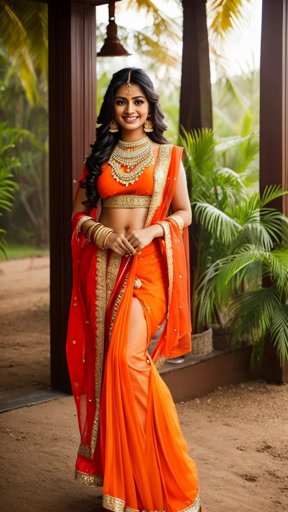 Indian woman、Female sexy、A smile、Sexy orange traditional indian costume
