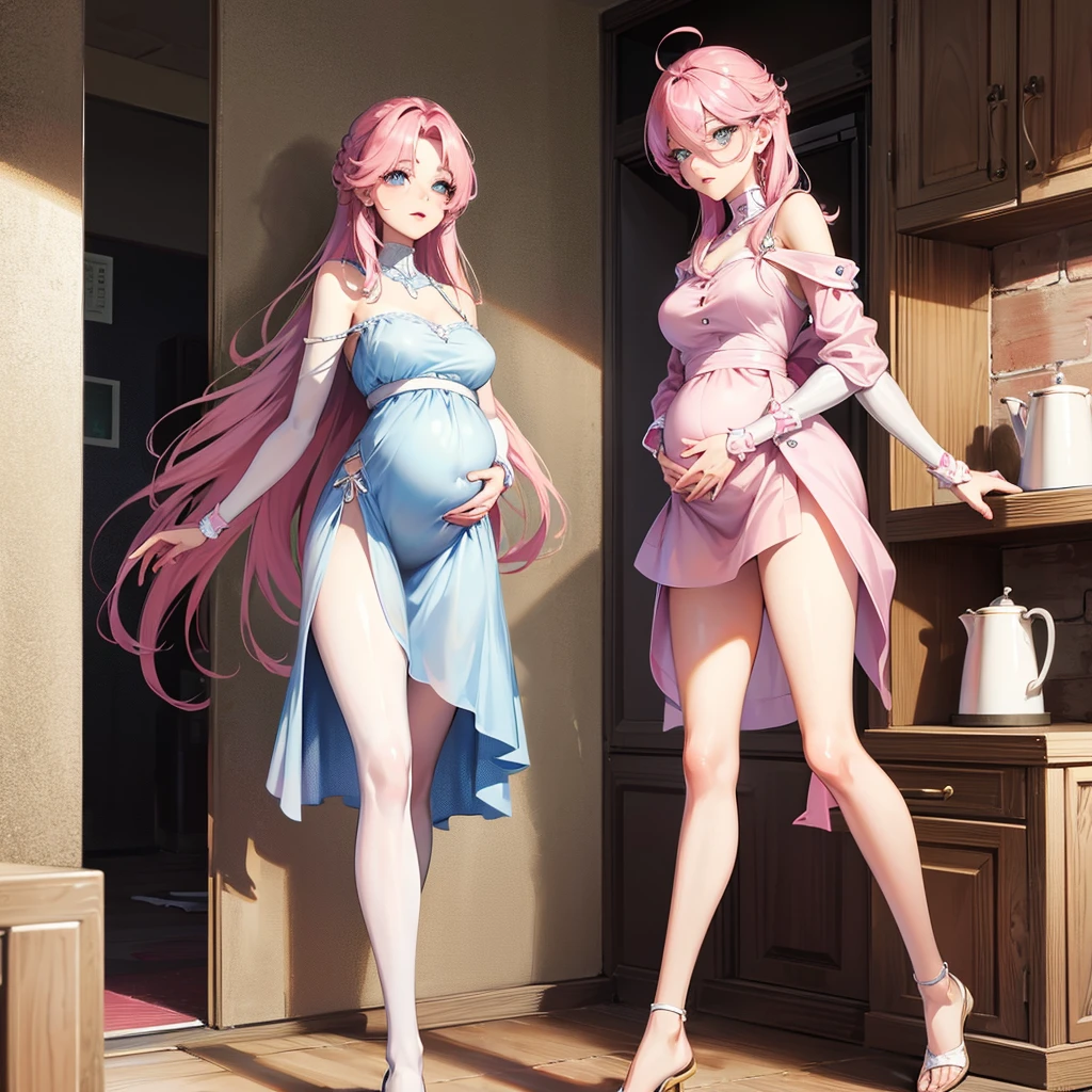 1girl,pink hair, open forehead, pregnant housewife, in the kitchen, blue eyes, slim waist, 20 years old, long legs, adult, correct anatomy, best quality, detailed eyes, high-quality hair, 2 eyes, 2 hands, correct leg anatomy, 2 legs, correct hand anatomy, long eyelashes, beautiful lips, lots of details, an adult beauty