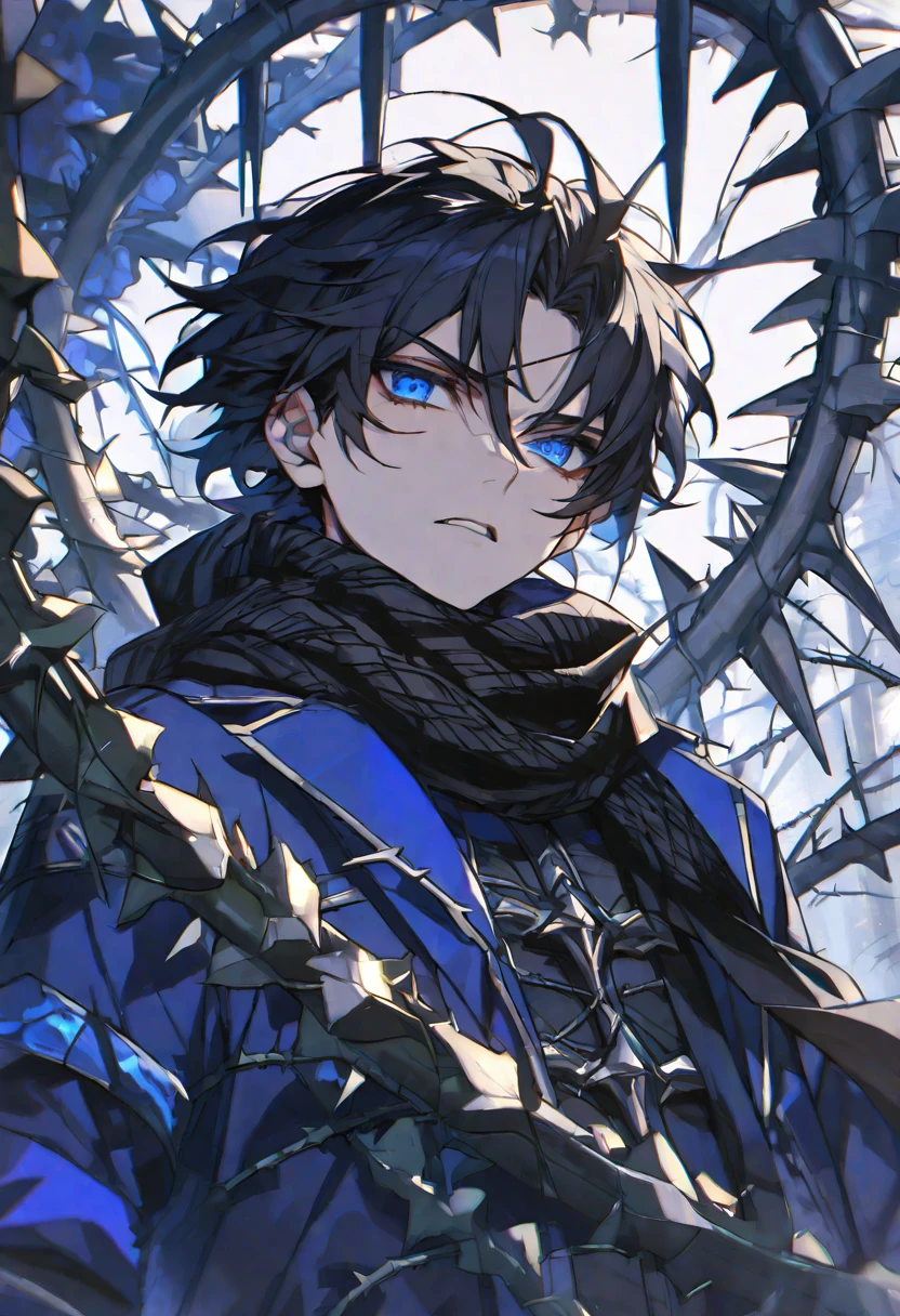 Solo, male, black hair, blue eyes, blue coat, black scarf, black roses, thorns