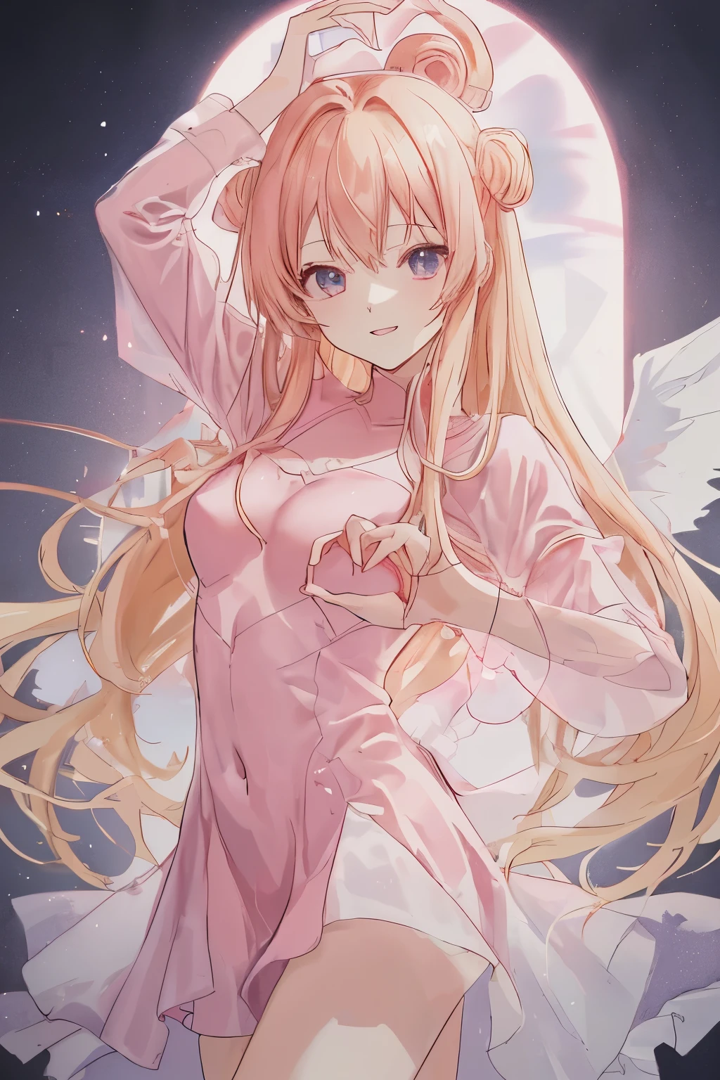 1_girl, (anime, kawai:2), (masterpeice, best_quality, simple, cute, dreamy, vibrant, clean:1.5), (cute, cute_smile, young:1.8), (delicate, beautiful, thin:1.5), (girlfriend, angel:1.6), (green_eyes, simple_eyes:1.5) (long_hair, blond_hair, wearing_pink_dress, pink_angel_wings, sexy_gloves:1.8), extremely_delicate, (love_magic:1.5), (age_size_fits_body), (small_thighs:1.3), (breasts), (eye_level:1.3), (heart_magic, love:1.5), (dancer:1.8), (two_hands:2)