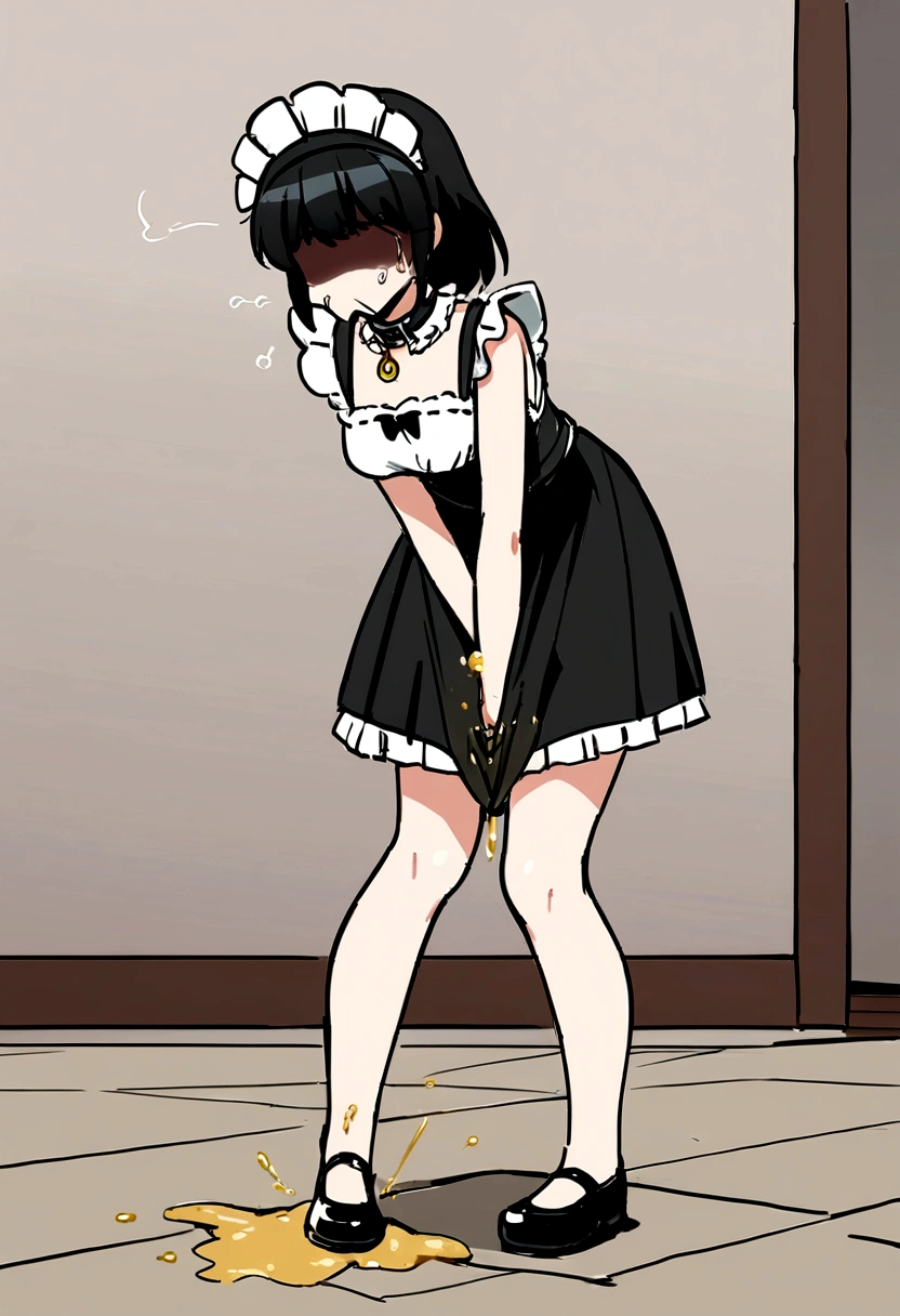 Anime, girl, cute girl, slave, maid, maid uniform, shoes, slave collar, shackles, cold, runny nose, nasal mucus, snot, snot from the nose, handkerchief, you need to sneeze, sneeze yourself, sneeze snot from your nose, desperately want sneeze, cover your nose with your right hand, urinary incontinence, peed, need to pee, pee yourself, pee, pee yourself, cry, really desperately want to pee, scat, diarrhea, crap yourself, need to poop, need to poop, poop in your panties, poop yourself, poop, sneeze, pee and pee yourself: 1.3), desire to sneeze, desire to pee, desire to poop tightly covering the perineum, knees together, feet apart: 1.6), (hand between legs, leaning forward: 1.3), (shaded face, despair, anxiety, sigh, full face flush, embarrassment, looking away: 1.5), (girl can't stand up straight: 1.5), full body, (ultra detailed face, best quality: 1.5), ( from the side), standing, living room, full height. Pee on the floor and pooped on the floor