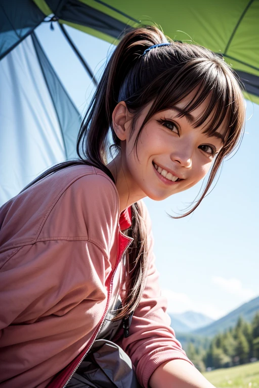 solo, cool woman, 25age, short ponytail, camping clothes, campsite, from below, cinematic angle, smile,