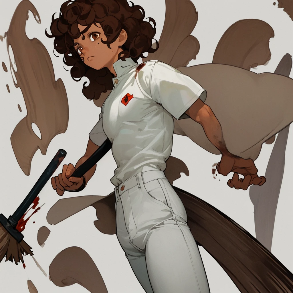 1 girl with curly hair of medium size, brown hair color, honey eye color with 2 moles on the right side of her face and white skin color, wearing a uniform with a white shirt, dark blue pants with a white line on the pants, clothes with blood holding an ax in his hand, 1 with medium straight hair, brown color, dark brown eyes and white skin color, uniform with a white shirt with dark blue pants with a line on the pants with blood on the clothes holding a broom, 1 other girl with short brown hair, brown eyes and white skin color, uniform, white shirt with dark blue pants with a white line and blood, holding a broom, 1 boy with short brown hair and dark brown eyes wearing a white shirt with dark blue pants full of blood holding a baseball bat and his skin color is brown, all of them with a somewhat sad face, all of them with their entire body facing forward, looking at the camera, the scene behind them was a school in front with some zombies, the lighting is a little dark but you can see everything