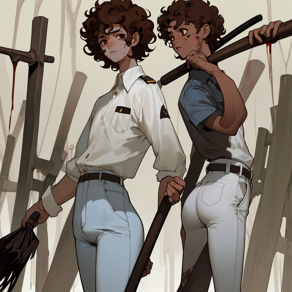 1 girl with curly hair of medium size, brown hair color, honey eye color with 2 moles on the right side of her face and white skin color, wearing a uniform with a white shirt, dark blue pants with a white line on the pants, clothes with blood holding an ax in his hand, 1 with medium straight hair, brown color, dark brown eyes and white skin color, uniform with a white shirt with dark blue pants with a line on the pants with blood on the clothes holding a broom, 1 other girl with short brown hair, brown eyes and white skin color, uniform, white shirt with dark blue pants with a white line and blood, holding a broom, 1 boy with short brown hair and dark brown eyes wearing a white shirt with dark blue pants full of blood holding a baseball bat and his skin color is brown, all of them with a somewhat sad face, all of them with their entire body facing forward, looking at the camera, the scene behind them was a school in front with some zombies, the lighting is a little dark but you can see everything