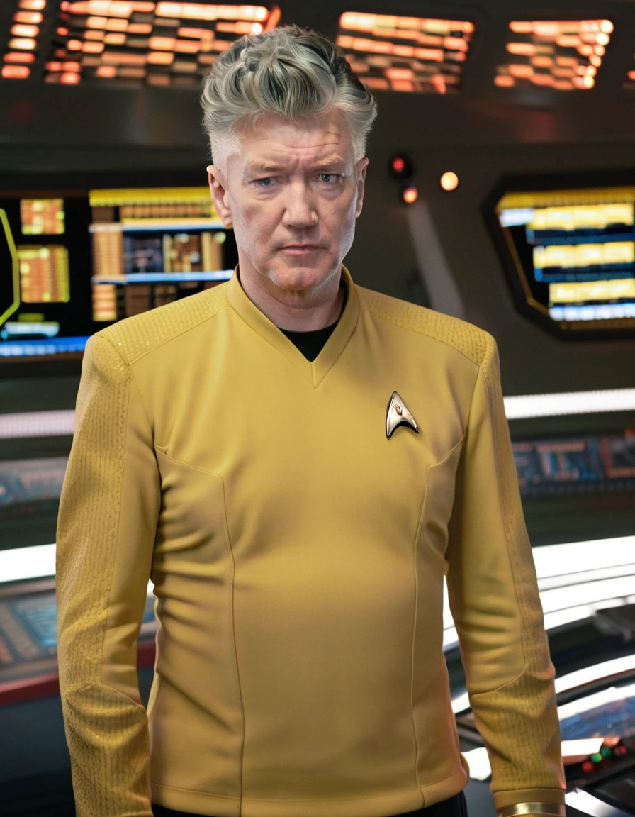 David Lynch in yellow stsnwunf uniform,on starship bridge,