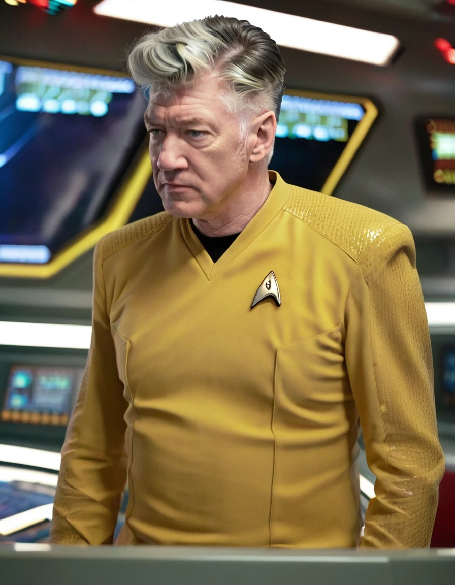 David Lynch in yellow stsnwunf uniform,on starship bridge,