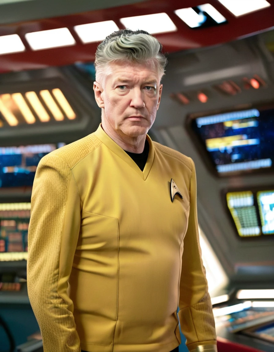 David Lynch in yellow stsnwunf uniform,on starship bridge,