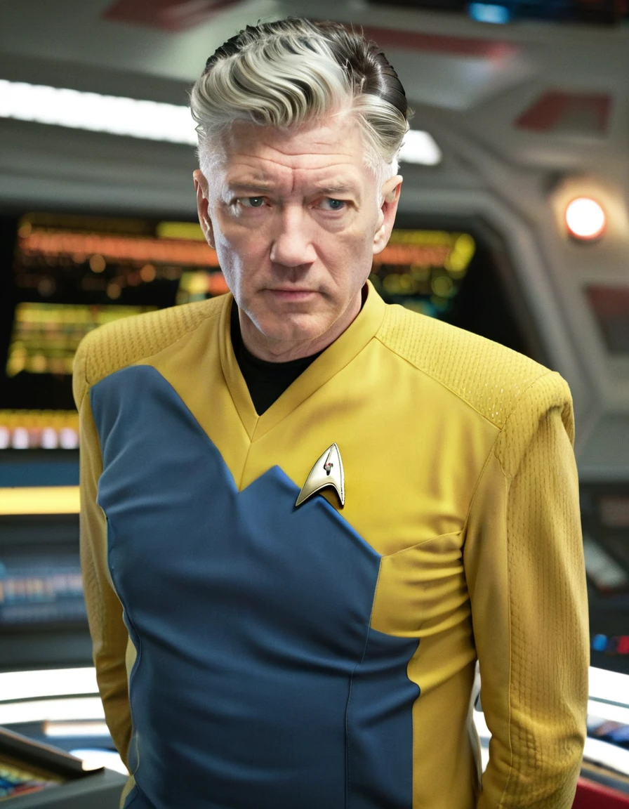 David Lynch in yellow stsnwunf uniform,on starship bridge,