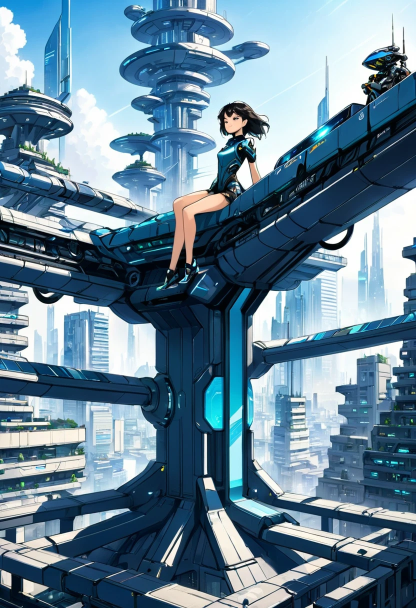 A girl sits on top of a complex machinery structure in a futuristic city
