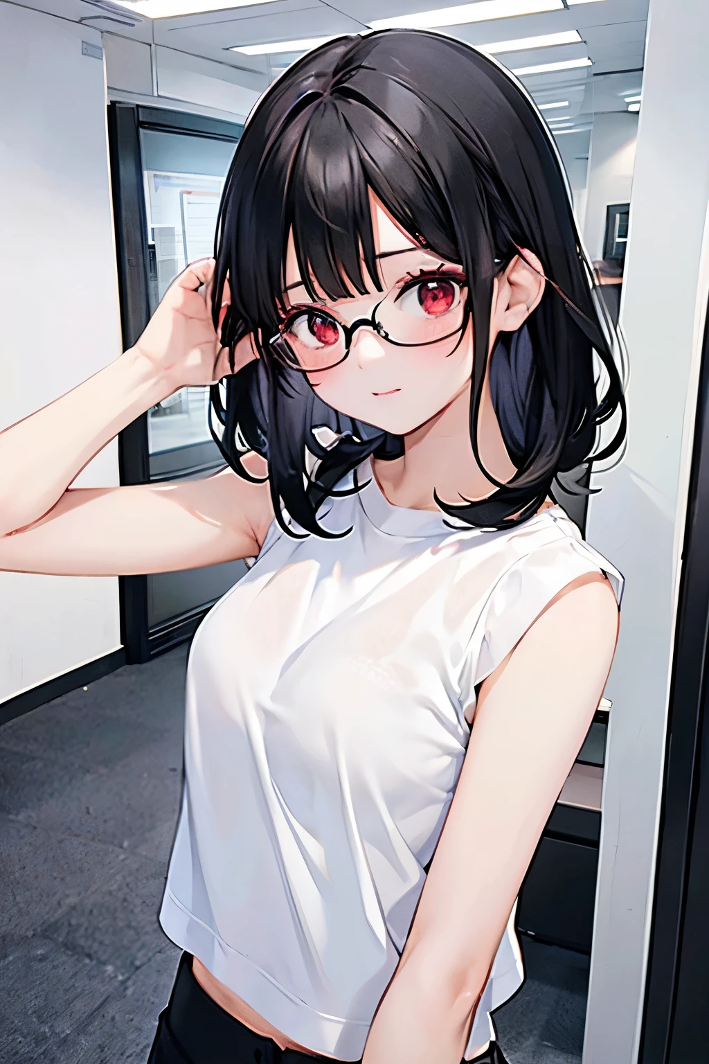 18 year old girl, short black hair, Red eyes, office glasses, He wears a white t-shirt without logos, sleeveless and tight short black pants. (greet kindly)(the environment is an office)