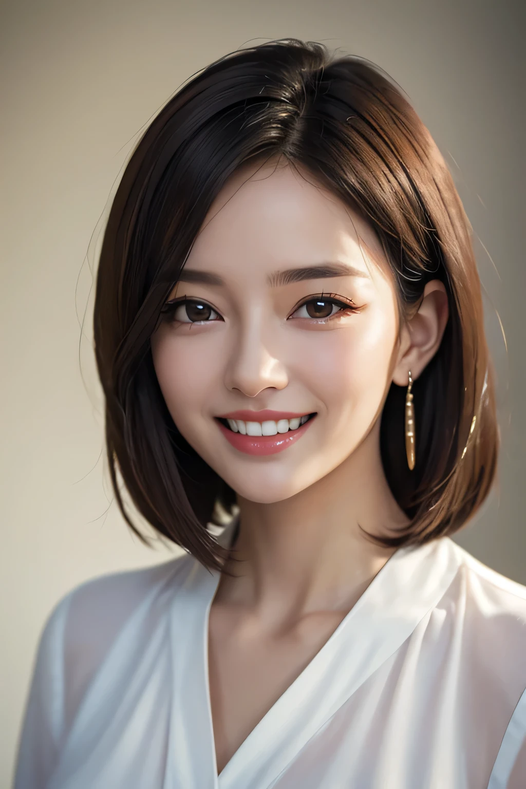 ((masterpiece)), ((Highest quality)), ((Complex)), ((Surreal)), (Realistic), (Mature Woman), ((No classes)), Very detailed, (1 female), Beautiful and exquisite, (Beautiful Teeth), Grin, Brunette Bob Hair, Brown eyes, ((blouse)), (Upper Body), (background:none), Perfect Eyes, Captivating eyes, Looking at the audience