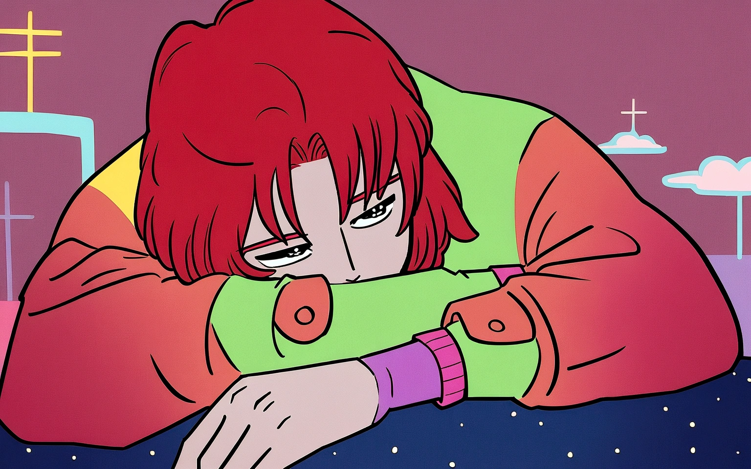 anime boy leaning on his arm, ((red curly hair )), praise artstyle, praise feel, cute anime pose, praise portrait, thoughtful pose, lo-fi illustration style, in the art style of 80s anime, praise art, praise, they be colors, they be, inspired by Bian Shoumin, official fanart