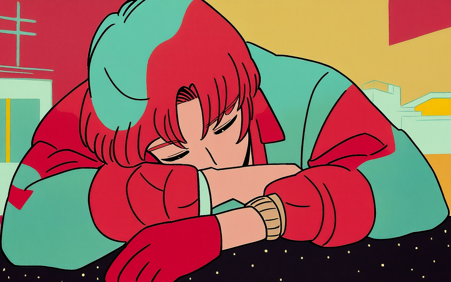 anime boy leaning on his arm, ((red curly hair )), praise artstyle, praise feel, cute anime pose, praise portrait, thoughtful pose, lo-fi illustration style, in the art style of 80s anime, praise art, praise, they be colors, they be, inspired by Bian Shoumin, official fanart