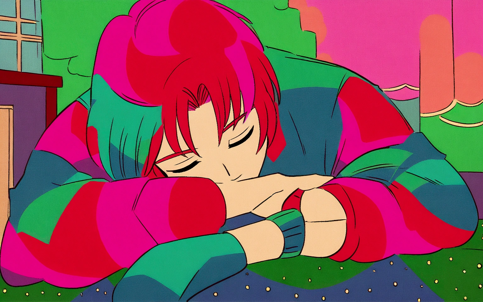 anime boy leaning on his arm, ((red curly hair )), praise artstyle, praise feel, cute anime pose, praise portrait, thoughtful pose, lo-fi illustration style, in the art style of 80s anime, praise art, praise, they be colors, they be, inspired by Bian Shoumin, official fanart