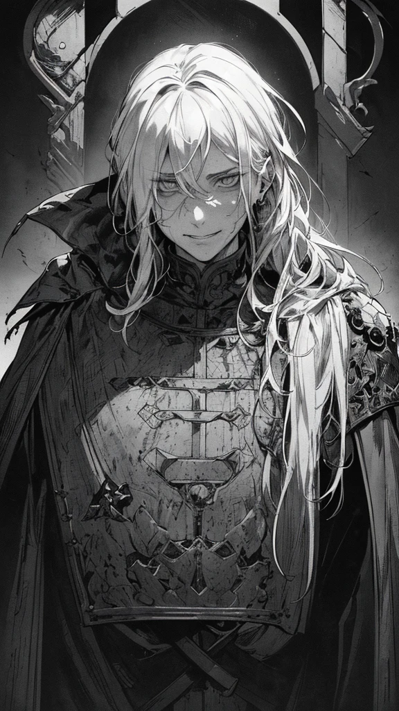 Best_quality, (background_detail), high_contrast, detailed_original_illustration, warrior, gray_hair, muscular, villain_face, armored, full_body, holding_sword, medieval, earring_deep_wrinkle_brow_eyes, middle_aged_man, dark_stitching_cape, (dramatic_lighting:1.25), (shaded Background:1.2), (_sloppy_gray_hair:1.2), Large figure, delicate face, , wicked smile, sharp eyes, black background, (black background:1. 5) beautiful line drawing, black and white

Translated with DeepL.com (free version)